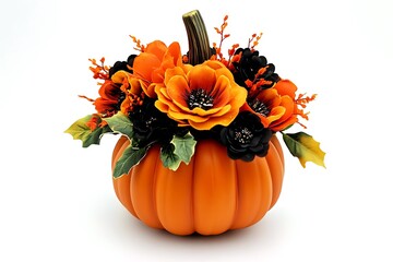 An orange pumpkin with black and orange flowers on top, on a white background, halloween decoration