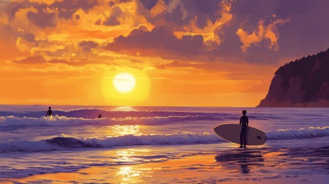 Golden hour surf scene portraying the thrill of the waves and coastal serenity