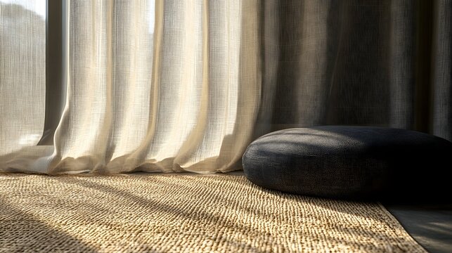 Natural light streams through sheer linen curtains onto a woven rug.
