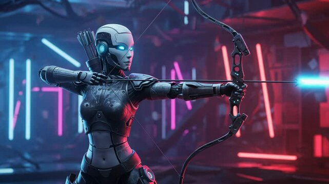 Futuristic Female Robot Archer with Neon Bow