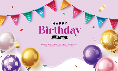 Happy birthday greeting clipart background design. Birthday greeting and wishes in purple abstract background with colorful pennants and floating balloons clip art for party decoration elements vector