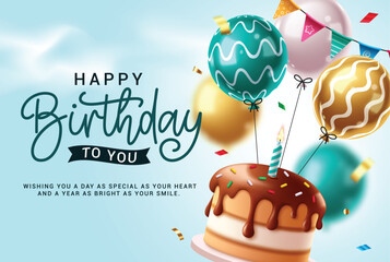 Happy birthday greeting clipart design. Birthday wishes and greeting for party invitation card with floating cake and balloons decoration elements clip art vector illustration.

