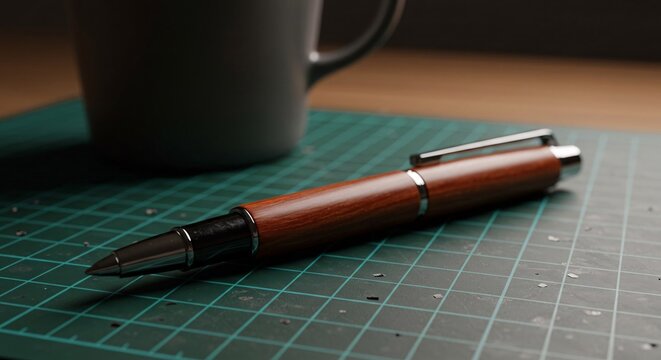 Elegant wooden pen resting on a self healing cutting mat with a mug in the background - Powered by Adobe