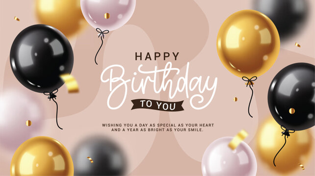 Happy birthday greeting clipart banner design. Birthday balloons with greeting text and wishes for party celebration decoration elements clip art in elegant background banner card template vector