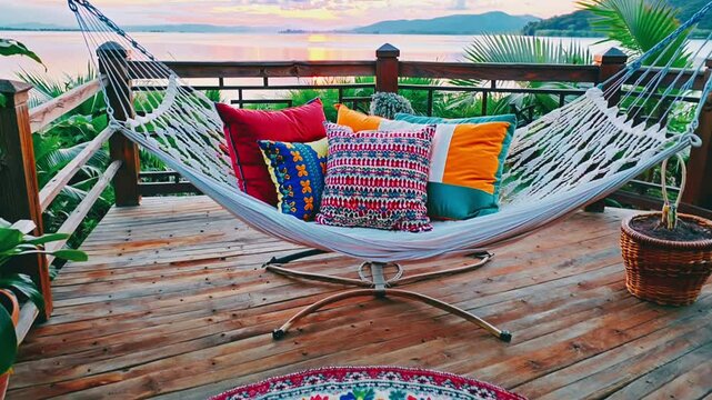bright colorful hammock, lake view hammock, mountain scenery, relaxing outdoor moments, vibrant hammock designs, serene lake landscapes, picturesque mountain views, outdoor relaxation spots, cozy hamm