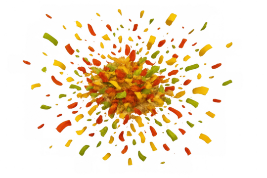 Freeze motion shot of exploding dried vegetable pieces on transparent background, creating a vibrant and dynamic visual