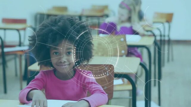 Student writing on paper while digital circular interface fading in and guiding focus in classroom - Powered by Adobe