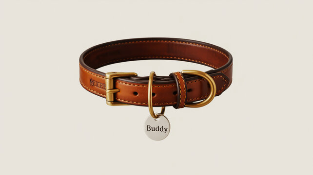 A detailed illustration of a brown leather dog collar with brass-colored hardware.
