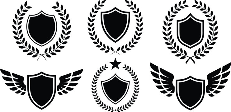 Various black heraldic shields with laurel wreaths and wings on a white background in a vector format