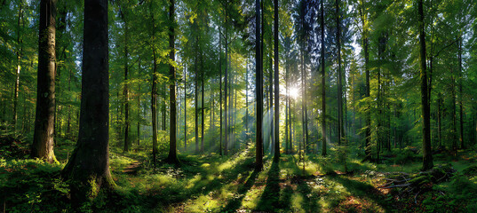 Majestic beech forest with sunlight streaming through tree leaves, casting radiant light rays on lush green foliage. Peaceful panoramic nature scene evoking inspiration, vitality