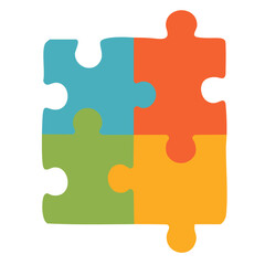 Fototapeta premium Bright puzzle piece illustration with four colorful interlocking shapes in flat vector style.