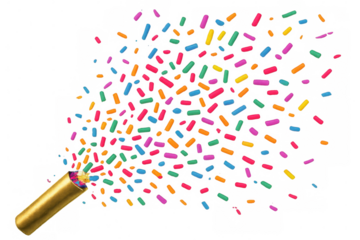Golden party popper bursting, scattering colorful confetti against transparent backdrop, celebrating festive moments