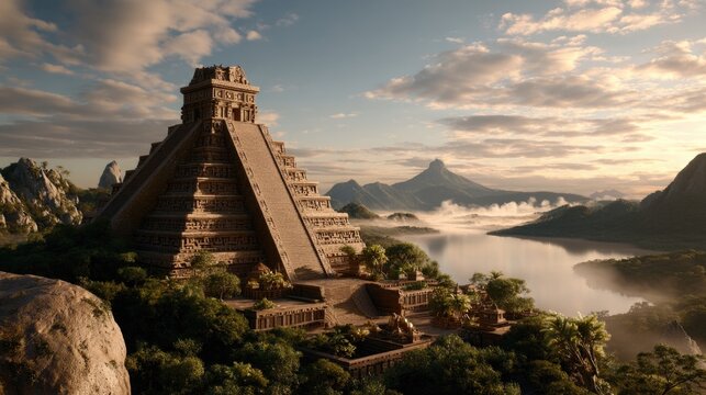 Ancient Aztec city of Tenochtitlan at its peak, grand stone temples and stepped pyramids rising above a vast island city