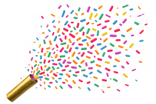 Golden party popper bursting, scattering colorful confetti against transparent backdrop, celebrating festive moments