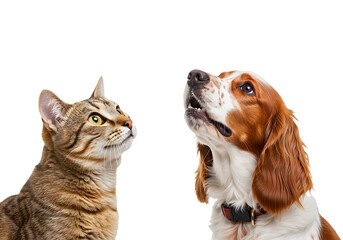 Cat and dog looking up isolated on transparent background