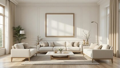 Stylish and serene living room arrangement with blank frame mockup idea