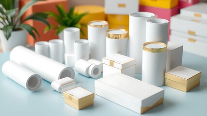 Elegant white and gold packaging mockups for luxury product presentation