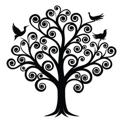 Obraz premium Ornamental tree with elegant swirly branches adorned by delicate birds, creating a whimsical, graceful design full of movement and natural charm. 