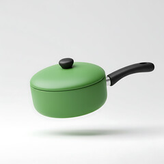 A Green Saucepan with Black Handle, Modern Kitchenware, Cooking Utensil, Stylish Design,  Floating in White Background