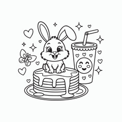 Cute Bunny on Pancakes Coloring Page for Kids with Juice and Hearts