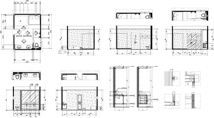 Drawings, interior decorations, master bathroom, furniture layout plan, section detail, vector format.