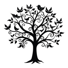 Ornamental tree with elegant swirly branches adorned by delicate birds, creating a whimsical, graceful design full of movement and natural charm.
