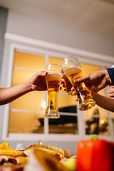 A cheerful summer barbecue gathering with friends and family grilling meat outdoors, enjoying food, laughter, and togetherness in a sunny garden.