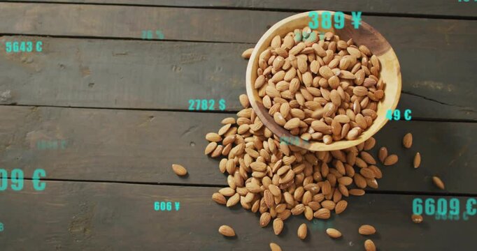 wooden bowl tipping almonds, overlays updating market values, almond dropping signaling trend shift
