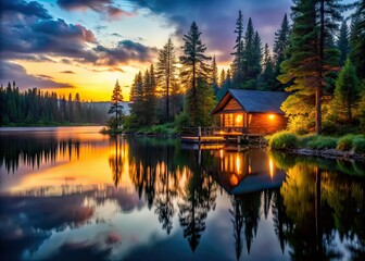 Fototapeta premium Lakeside Cabin Twilight Escape: Serene Nature Photography
