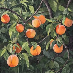 Peaches on a tree branch, close-up view.  Fresh, ripe peaches of varying shades of orange hang from leafy branches.  Soft light illuminates the fruit and foliage.  Painterly style