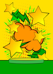 Comic Book Product podium stage for mockup presentation with Star. Retro comics background.