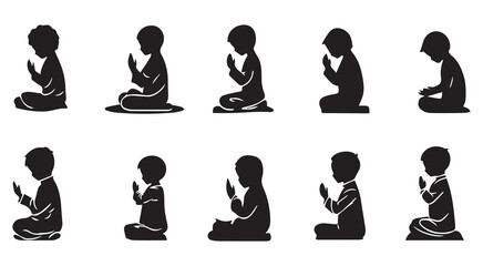 Young boys praying silhouettes diverse poses