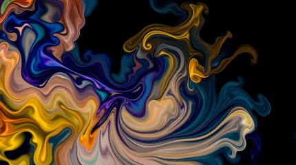 Abstract swirls of blue, yellow, orange, and beige against a black background create a dynamic and vibrant pattern