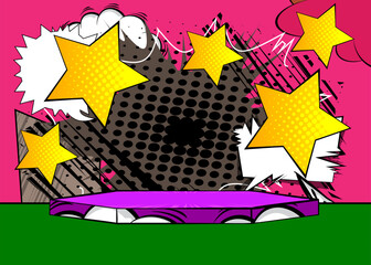 Comic Book Product podium stage for mockup presentation with Star. Retro comics background.
