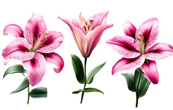 Set of Beautiful pink Stargazer lily flowers isolated on transparent background