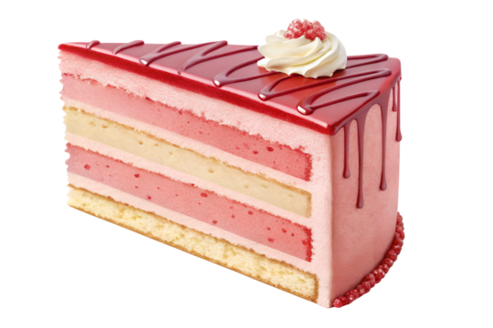 A slice of layered cake with red glaze and white cream decoration top on transparent background