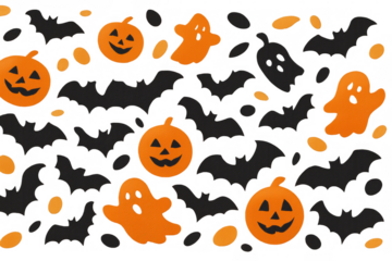 Halloween seamless pattern with flying bats, pumpkins and ghosts on transparent background, ideal for creating spooky and festive designs