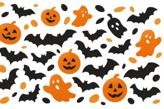 Halloween seamless pattern with flying bats, pumpkins and ghosts on transparent background, ideal for creating spooky and festive designs