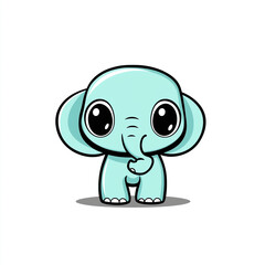 Fototapeta premium Cute cartoon baby blue elephant with large shiny eyes and short trunk, standing on white background with a soft shadow under its feet