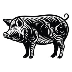 A simple, solid black pig silhouette with a rounded body, short legs, curled tail, and distinct snout, capturing the iconic shape of a pig in minimal style.