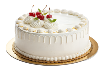 Decorated cake with cherries and white frosting on a golden plate on transparent background