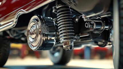 Obraz premium Intricate Undercarriage: Chromed Suspension and Automotive Engineering Details