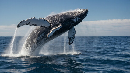 Naklejka premium A massive whale breaching the surface of the ocean
