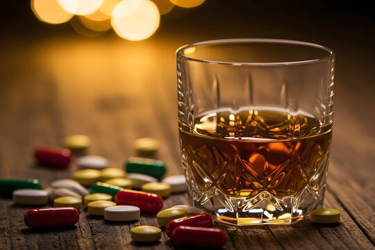 Glass of whiskey with scattered pills symbolizes opioid crisis and dangers of mixing drugs with alcohol,wallpaper,crystal whiskey glass filled with amber liquid on a rustic wooden table,scattered 