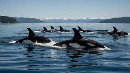 Fototapeta premium A pod of killer whales (or orcas) swimming together