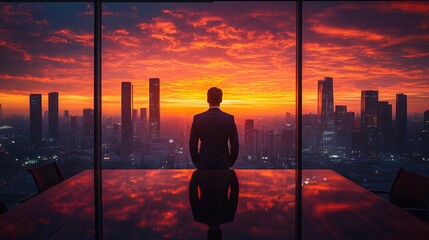 A man in a suit stands at a window overlooking a city skyline during a vibrant sunset with reflections