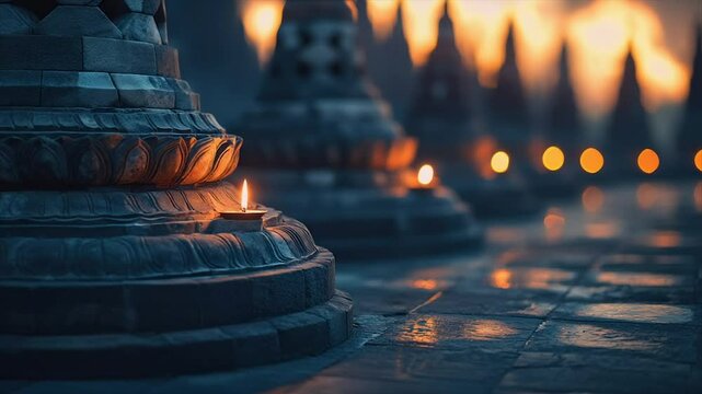 Ancient stone stupas at sunrise, with small candles burning.  Peaceful, spiritual atmosphere