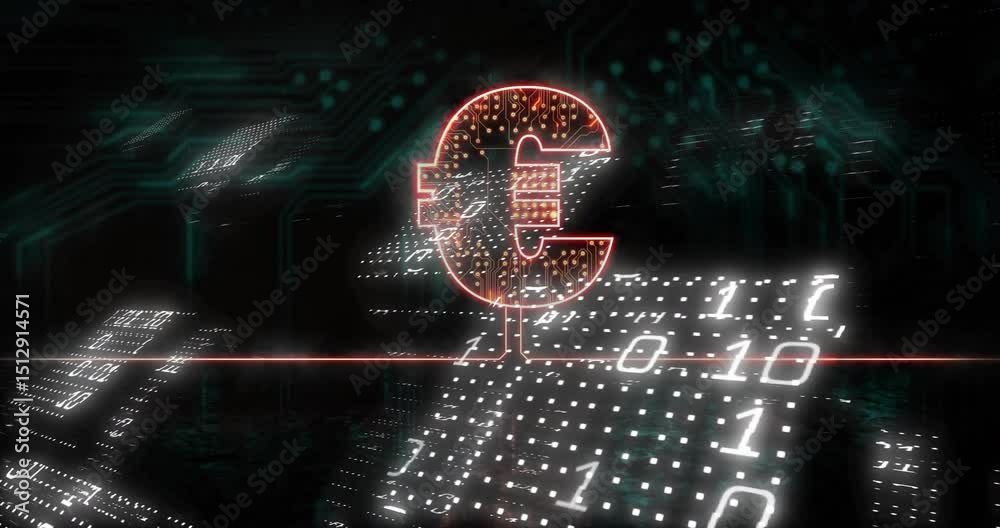 Poster upon playback start glowing euro circuit symbol flickering binary code moving showing currency flow