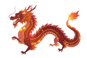 Illustration of a red and orange dragon with polygonal design style on transparent background