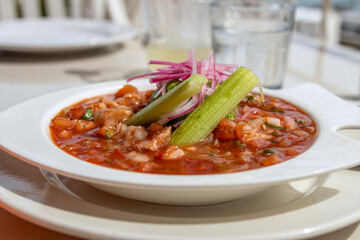 Close up of a plate with fresh ceviche, Mexican seafood dish